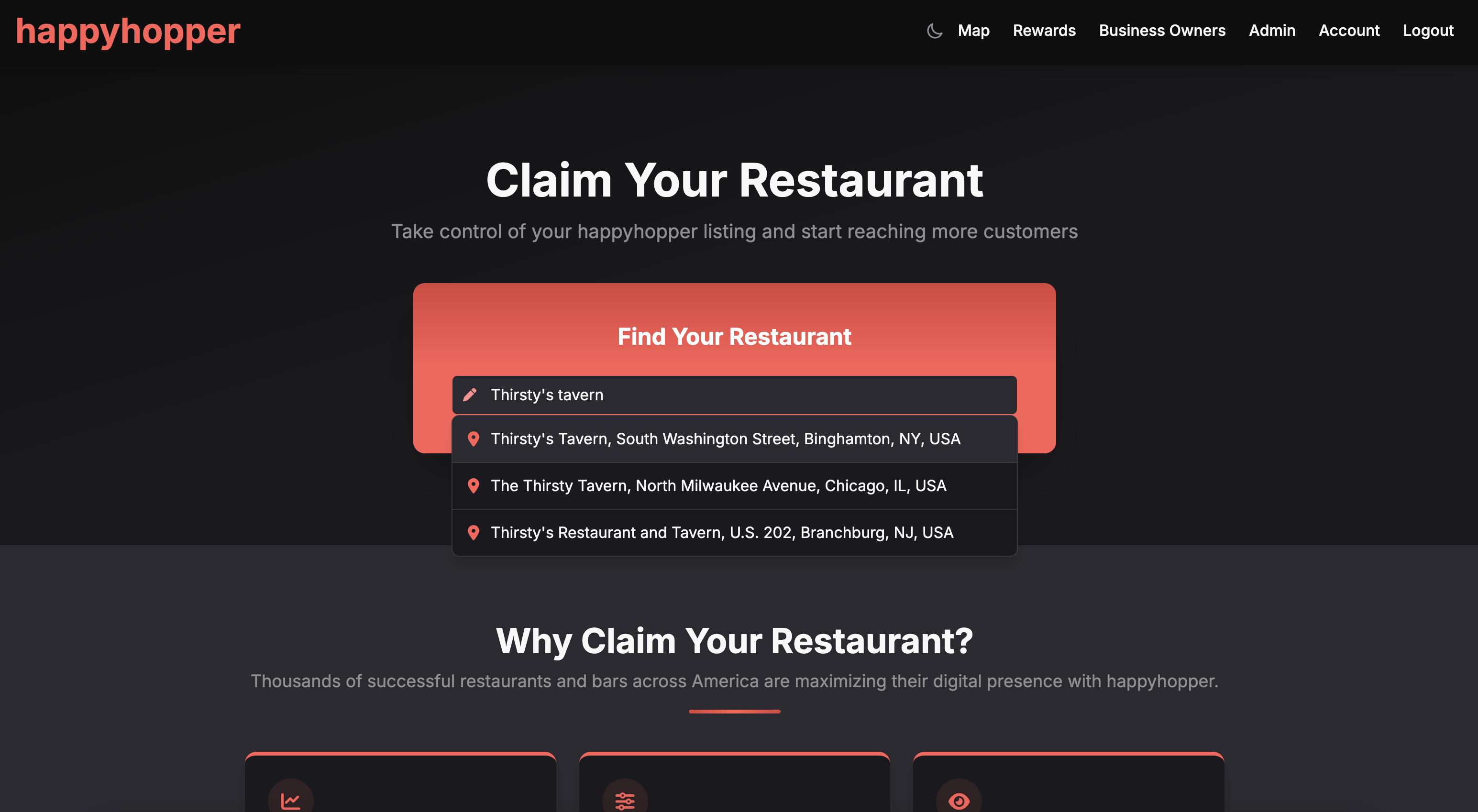 The Claim Your Restaurant page on happyhopper showing a search box with restaurant name autocomplete