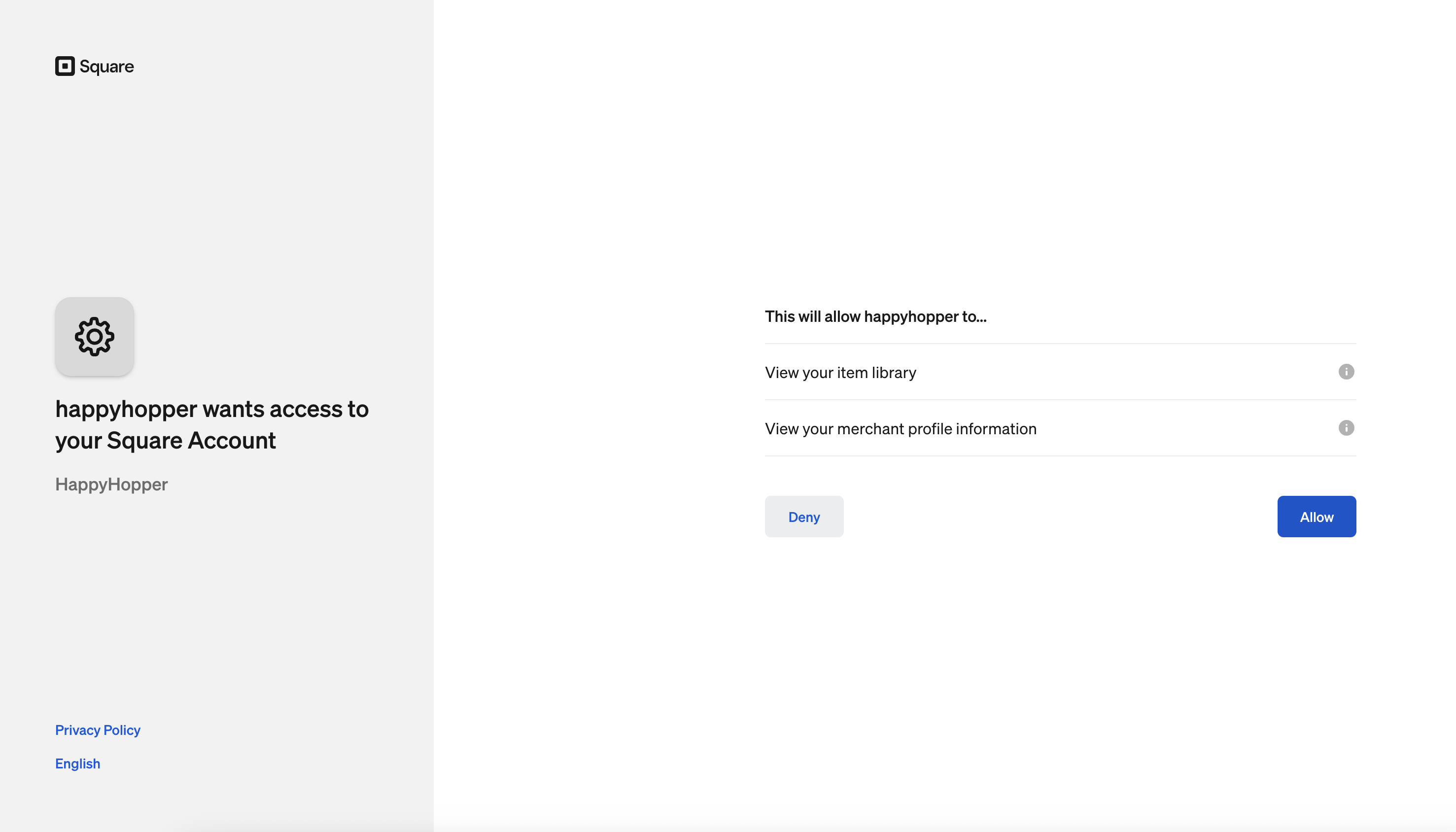 The Square OAuth consent screen showing happyhopper requesting permission to view item library and merchant profile, with Deny and Allow buttons
